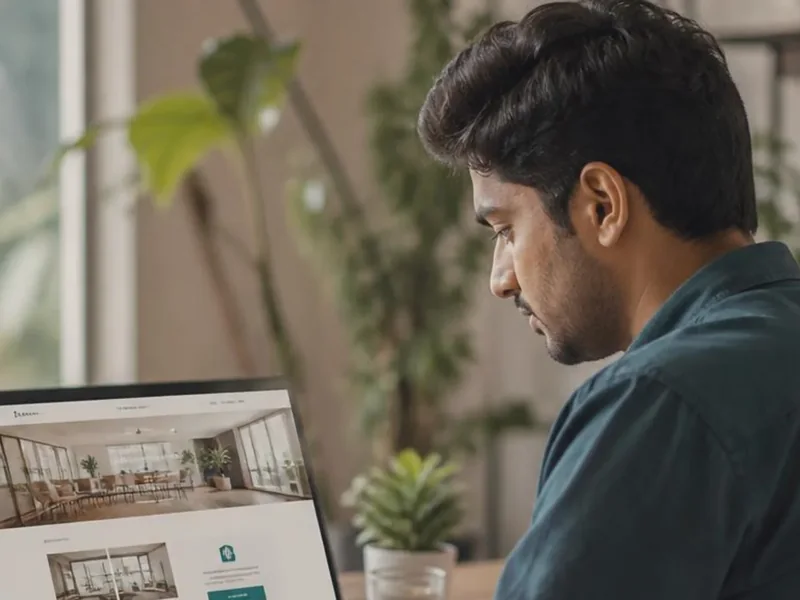 Business owner reviewing their company website on a laptop in a bright, modern office.