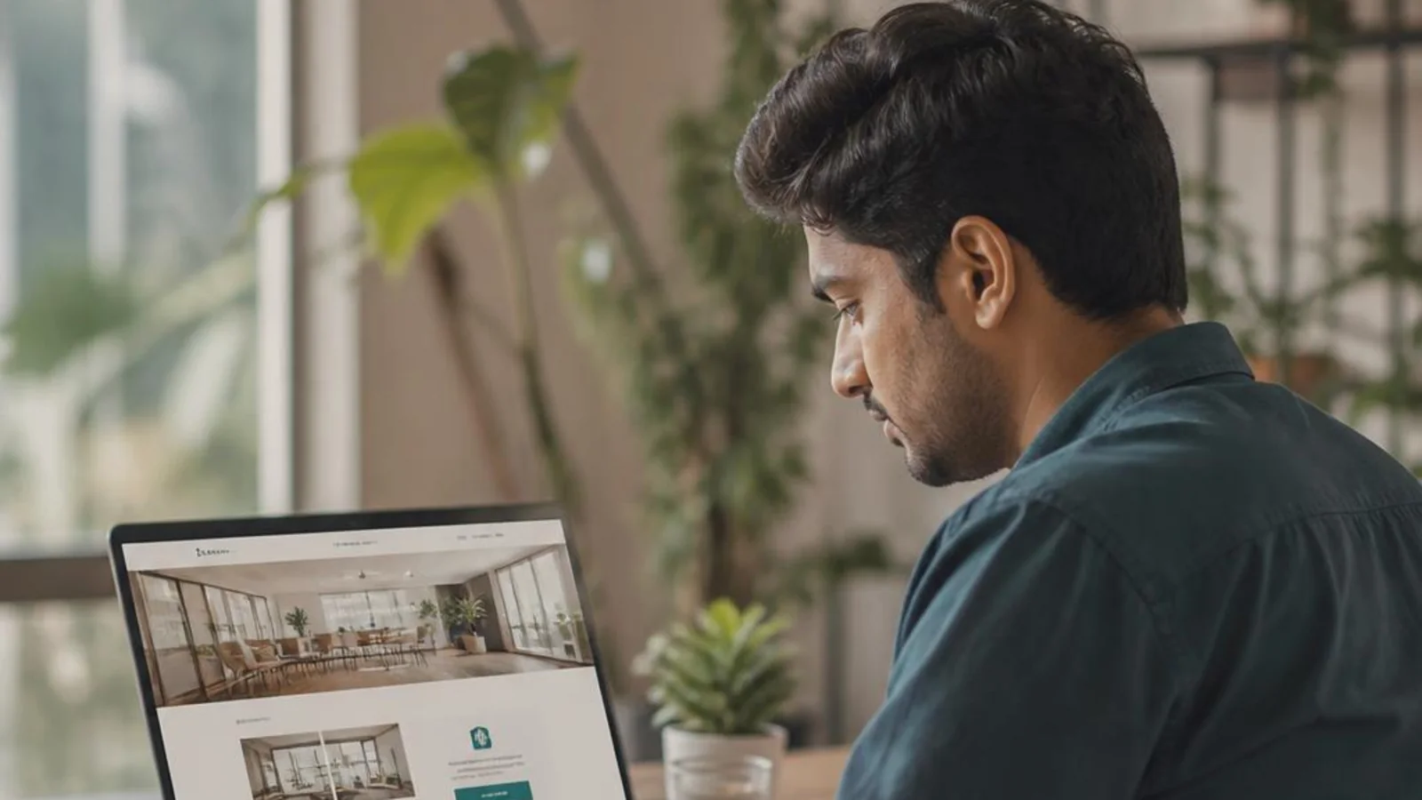 Business owner reviewing their company website on a laptop in a bright, modern office.