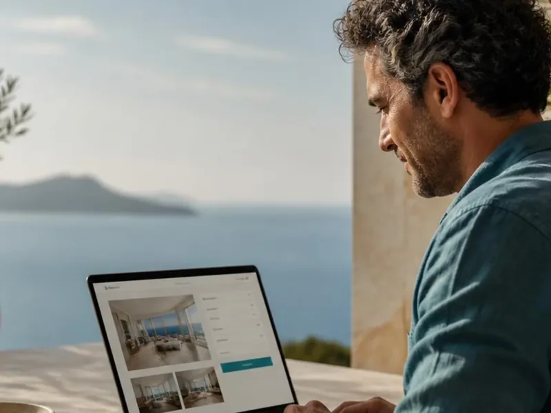 Hotel owner reviewing their booking website on a laptop at a sunlit reception desk by the sea.