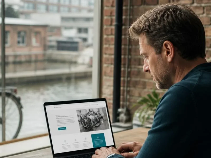 Business owner reviewing their company website on a laptop in a bright canal-side office.
