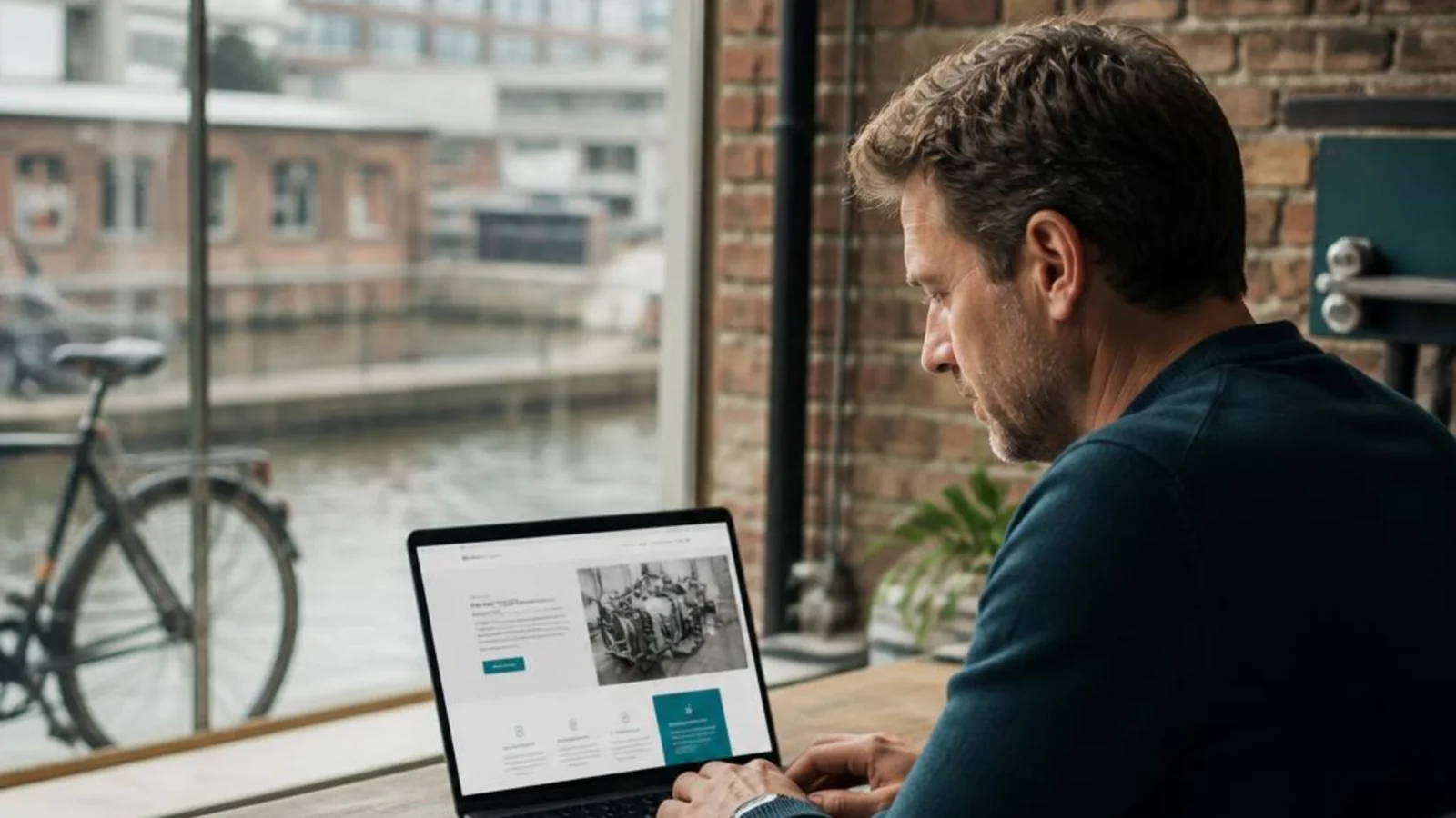 Business owner reviewing their company website on a laptop in a bright canal-side office.