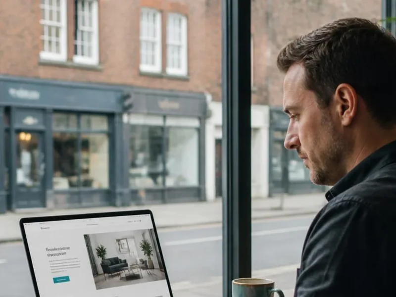 Small-business owner reviewing their website on a laptop in a bright high-street office.