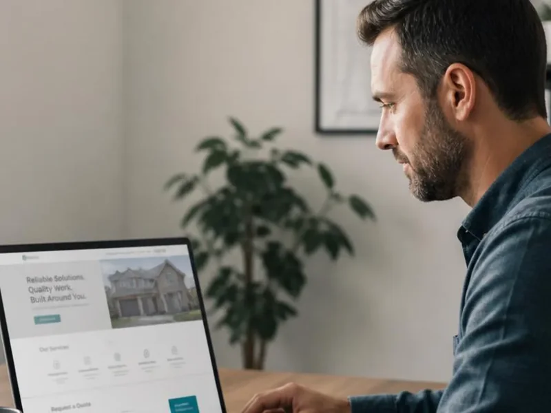 Small-business owner reviewing a service website on a laptop in a bright office.