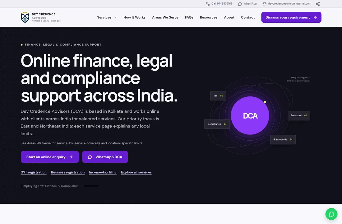 Screenshot of the Dey Credence Advisors website homepage